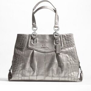 Coach Ashley Metallic Silver Croc-Embossed Shoulder Bag
